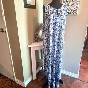 Chico's Maxi Dress Sleeveless Summer Navy & White Palm Tropical Sz 3 (XL)